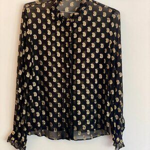 ETRO Silk Blouse Black Gold Metallic Paisley Sheer Ruffle Tie Neck 42 (US 6-8)